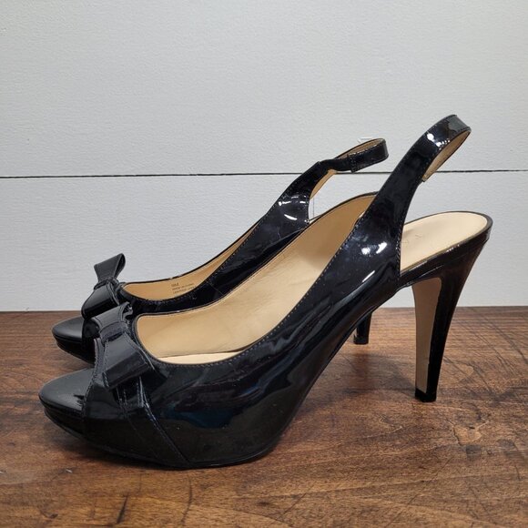 Talbots Black Patent Peep Toe Bow Elastic Heel Strap 4.25" Heels Women's sz 9M. - Picture 2 of 10